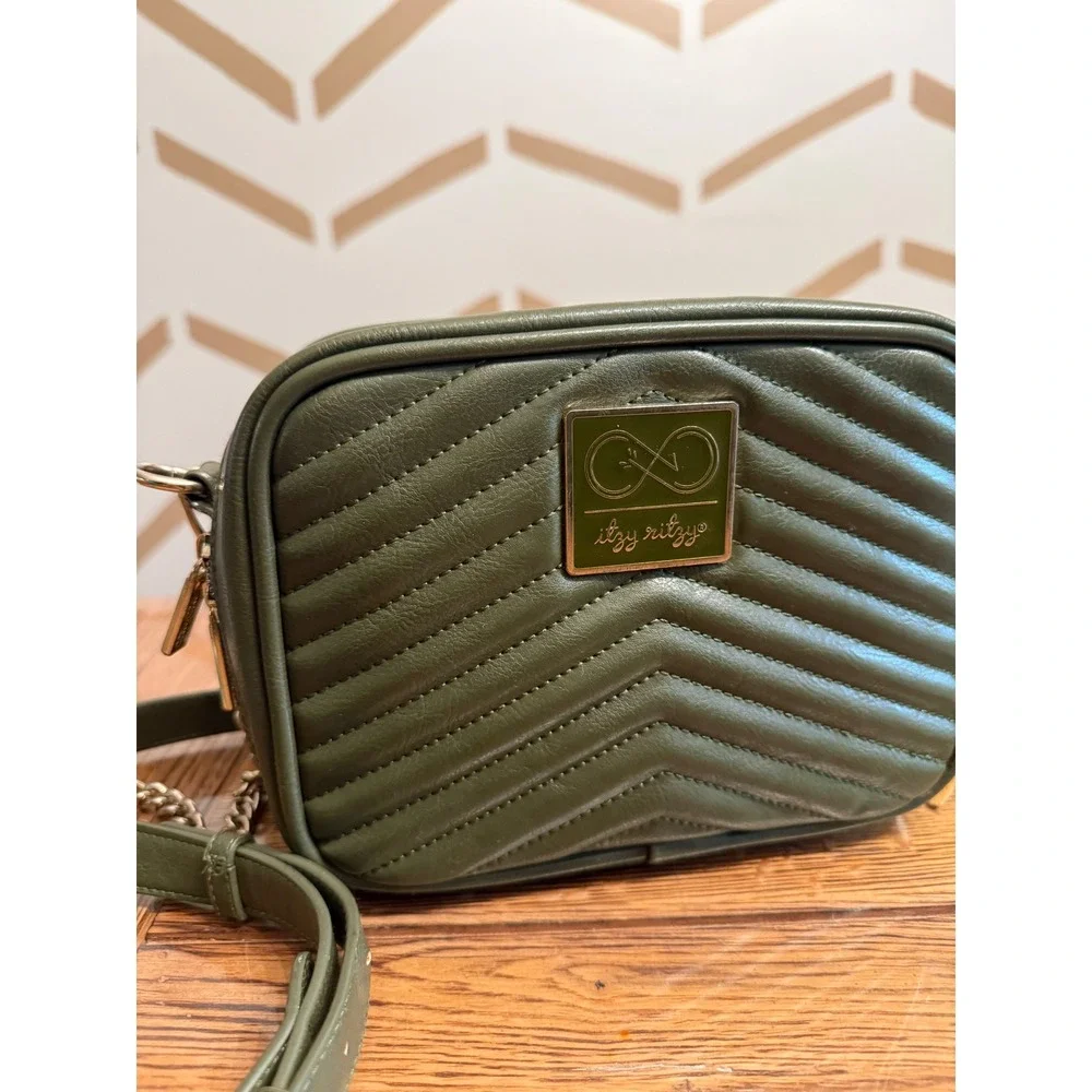 Itzy Ritzy Boss Crossbody Diaper Bag Small Olive Green Quilted Vegan Leather